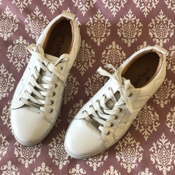 J Slides NYC white leather platform sneakers with silver details sz 8.5 - Picture 1 of 8